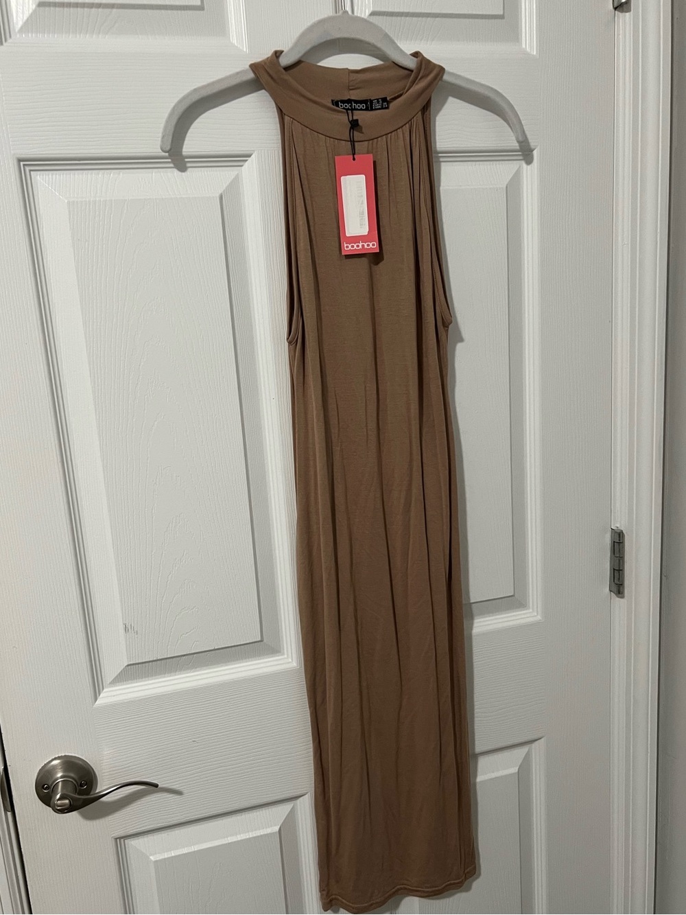 Boohoo Sleeveless High-Neck Maxi Dress in Taupe Brown